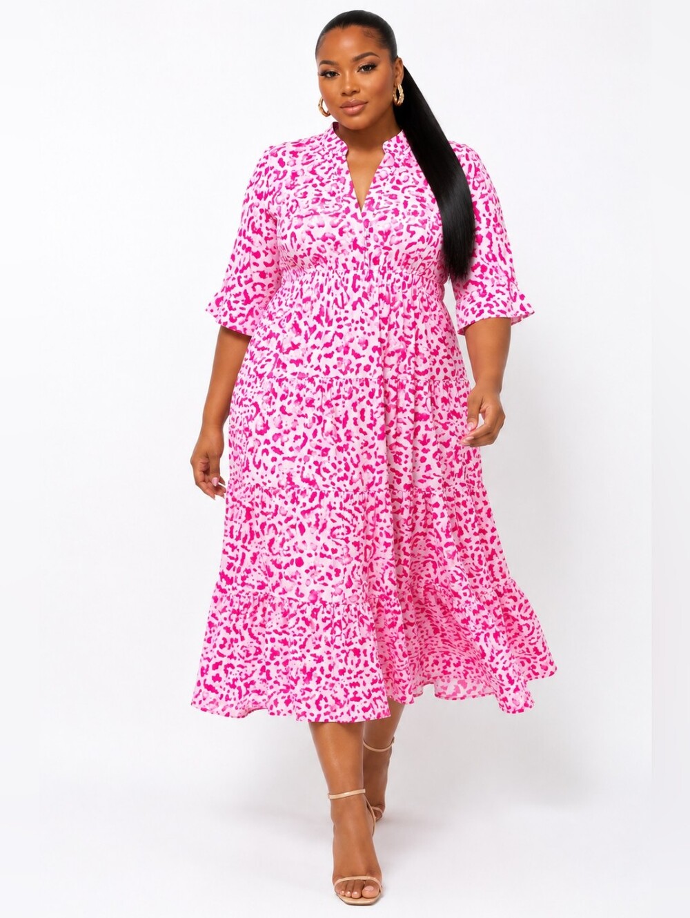 Boutique Pink Leopard Print Tiered Midi Dress – V-Neck, 3/4 Sleeves, Size 1X